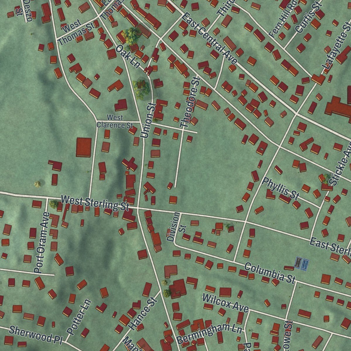 Close-up of the map of Wharton, New Jersey print showing street and building detail