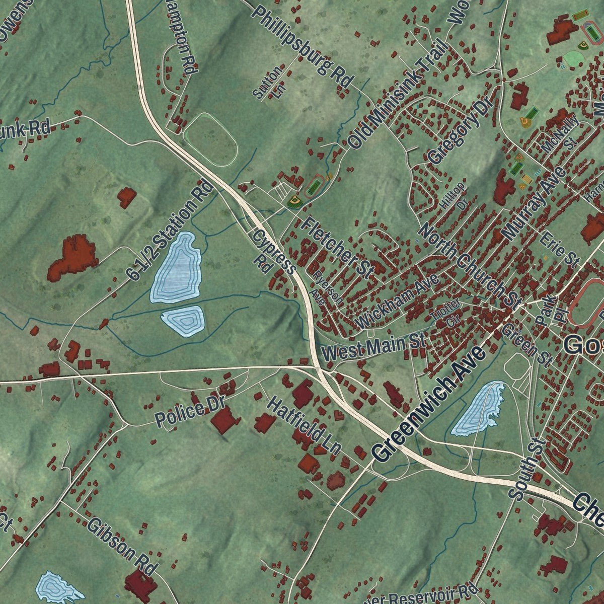 Close-up of the map of the Town of Goshen, New York print showing street and building detail