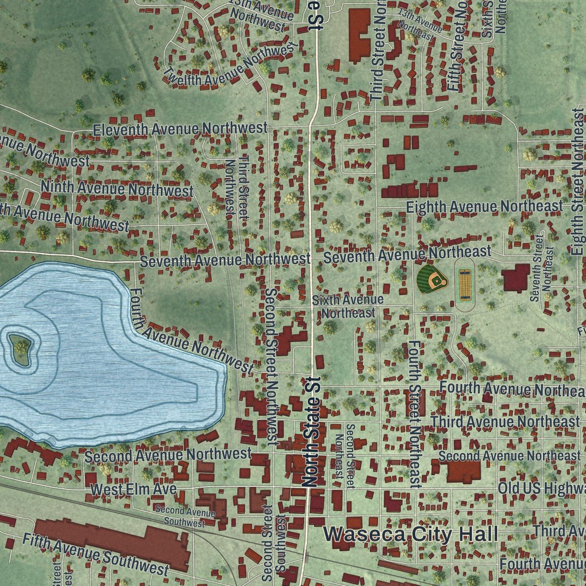 Close-up of the map of Waseca, Minnesota print showing street and building detail