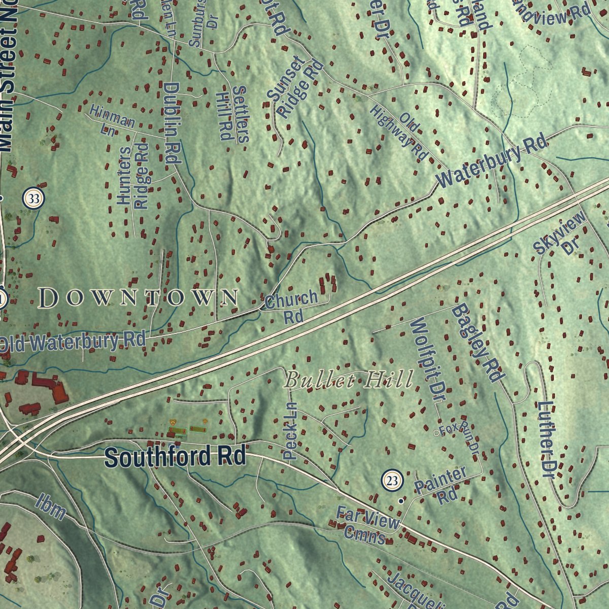 Close-up of the map of Southbury, Connecticut print showing street and building detail