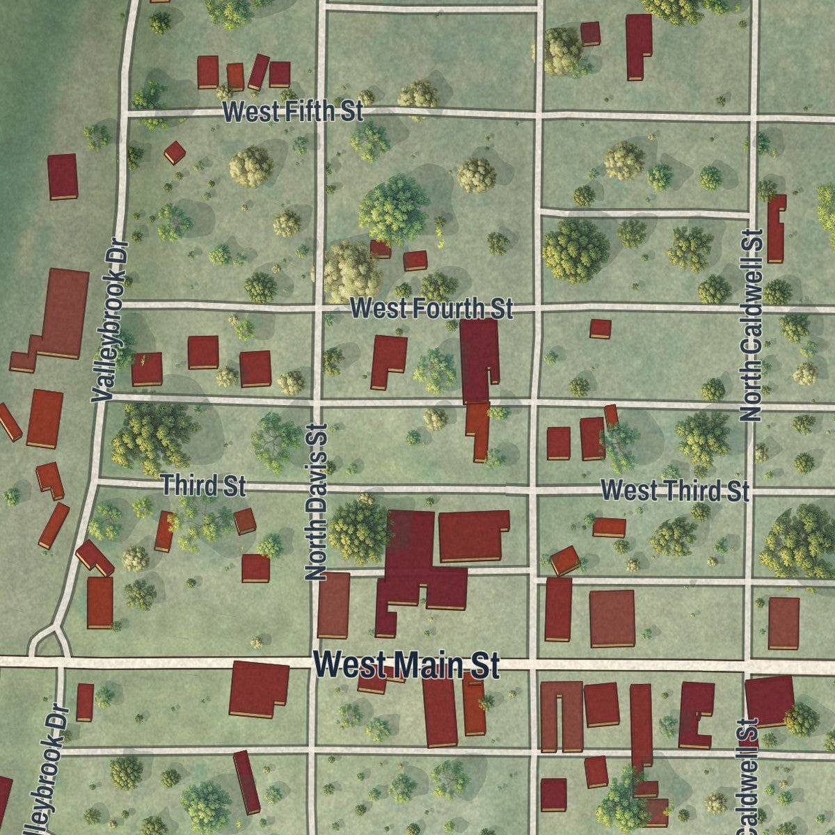 Close-up of the map of Burlington Junction, Missouri print showing street and building detail
