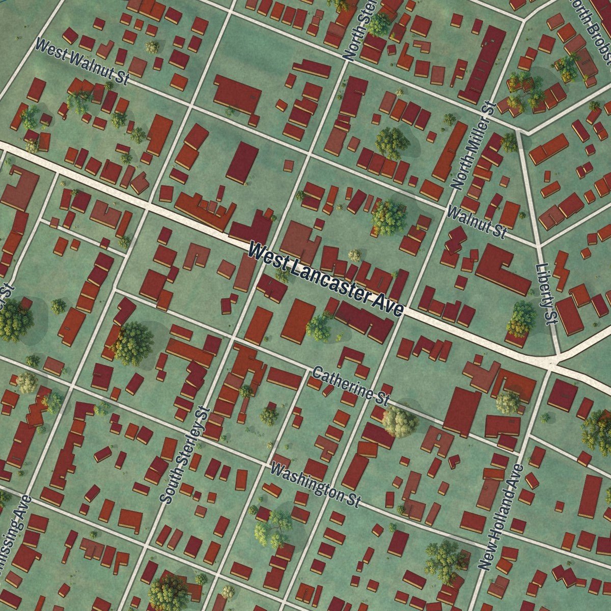 Close-up of the map of Shillington, Pennsylvania print showing street and building detail