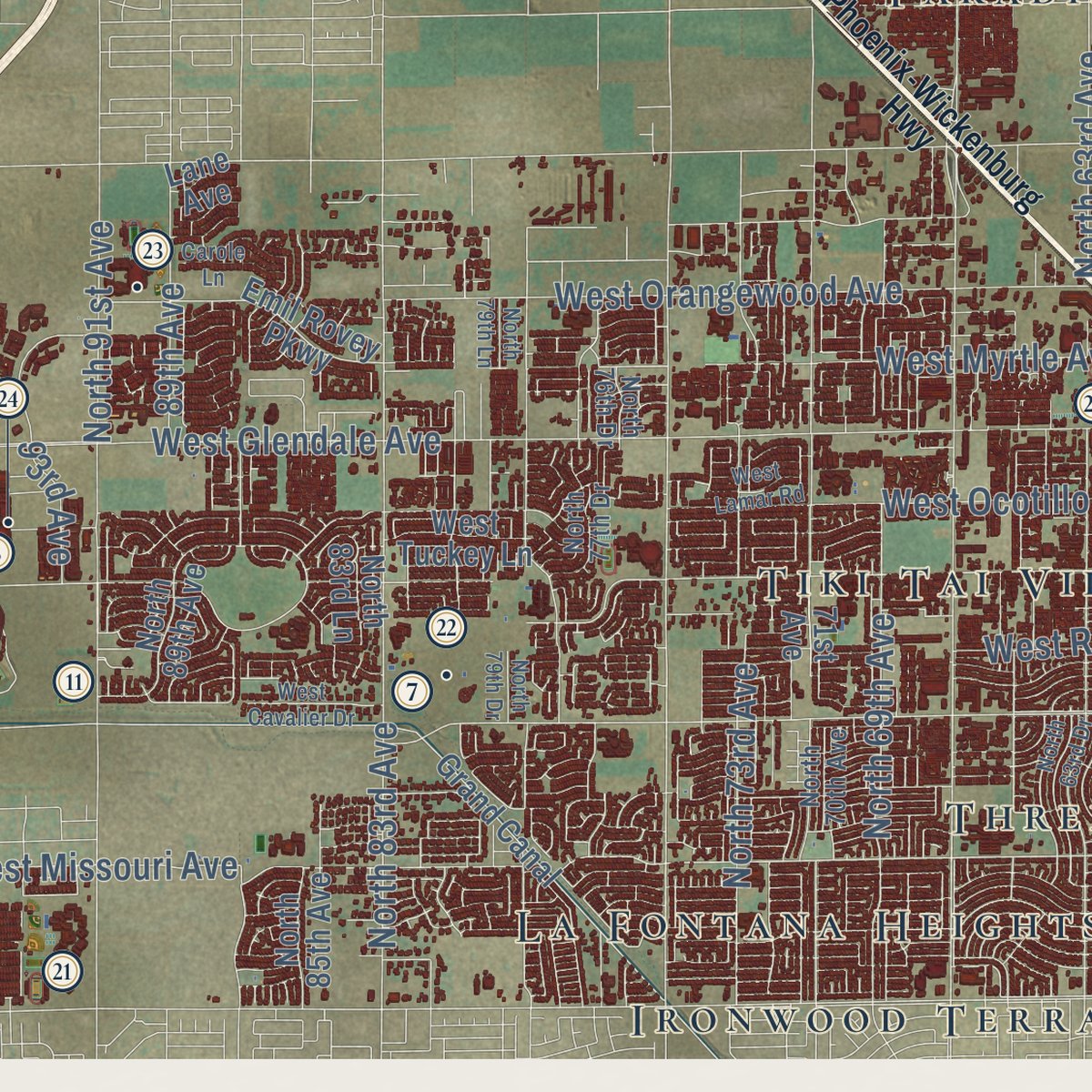 Close-up of the map of Glendale, Arizona print showing street and building detail