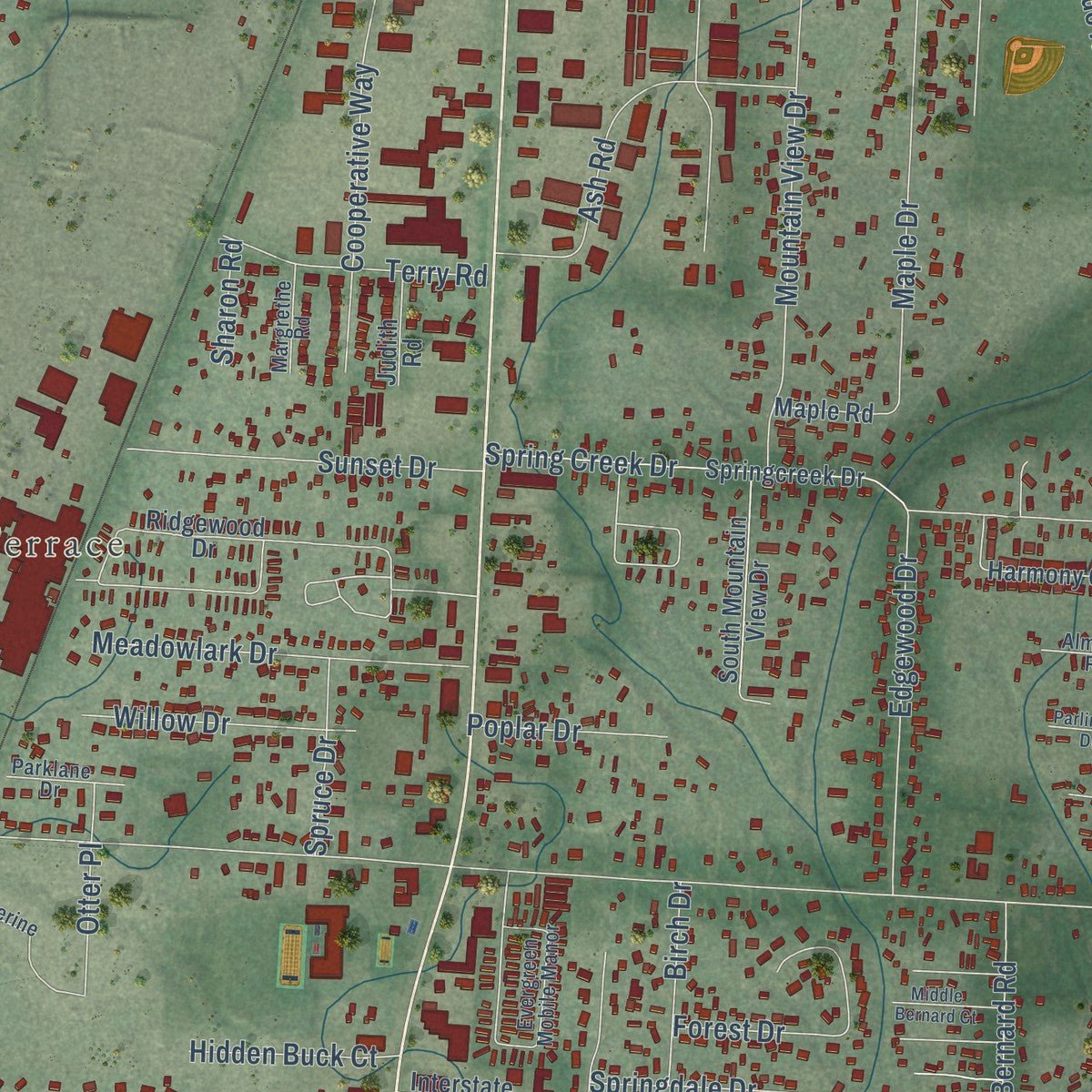 Close-up of the map of Evergreen, Montana print showing street and building detail
