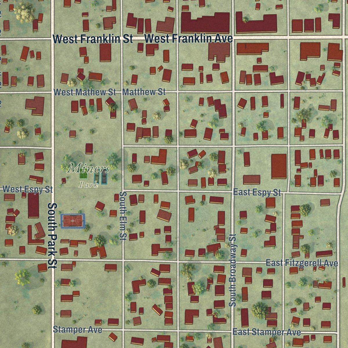 Close-up of the map of Sesser, Illinois print showing street and building detail