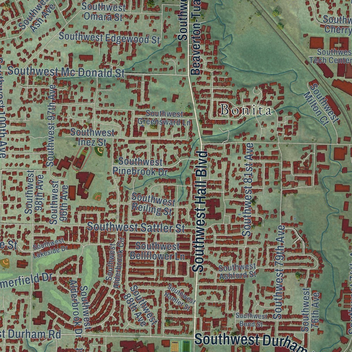 Close-up of the map of Tigard, Oregon print showing street and building detail