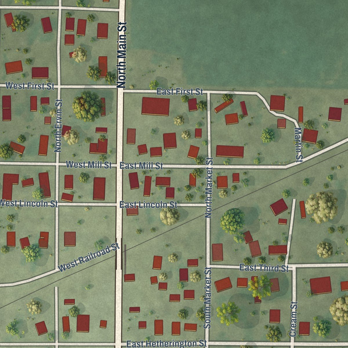Close-up of the map of Cutler, Illinois print showing street and building detail