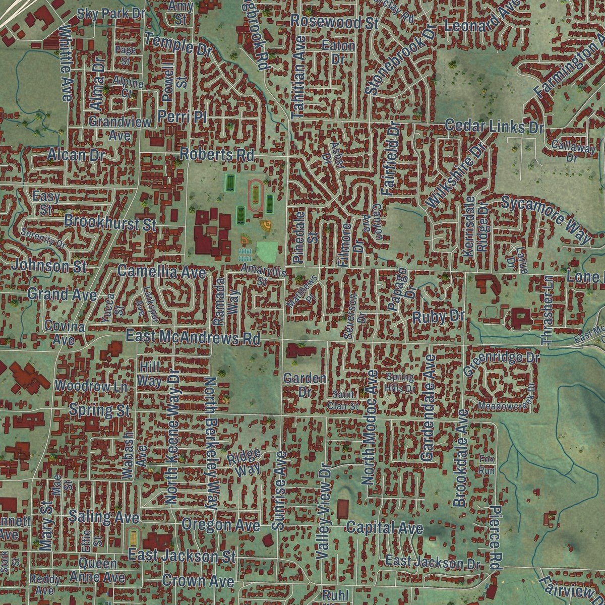 Close-up of the map of Medford, Oregon print showing street and building detail