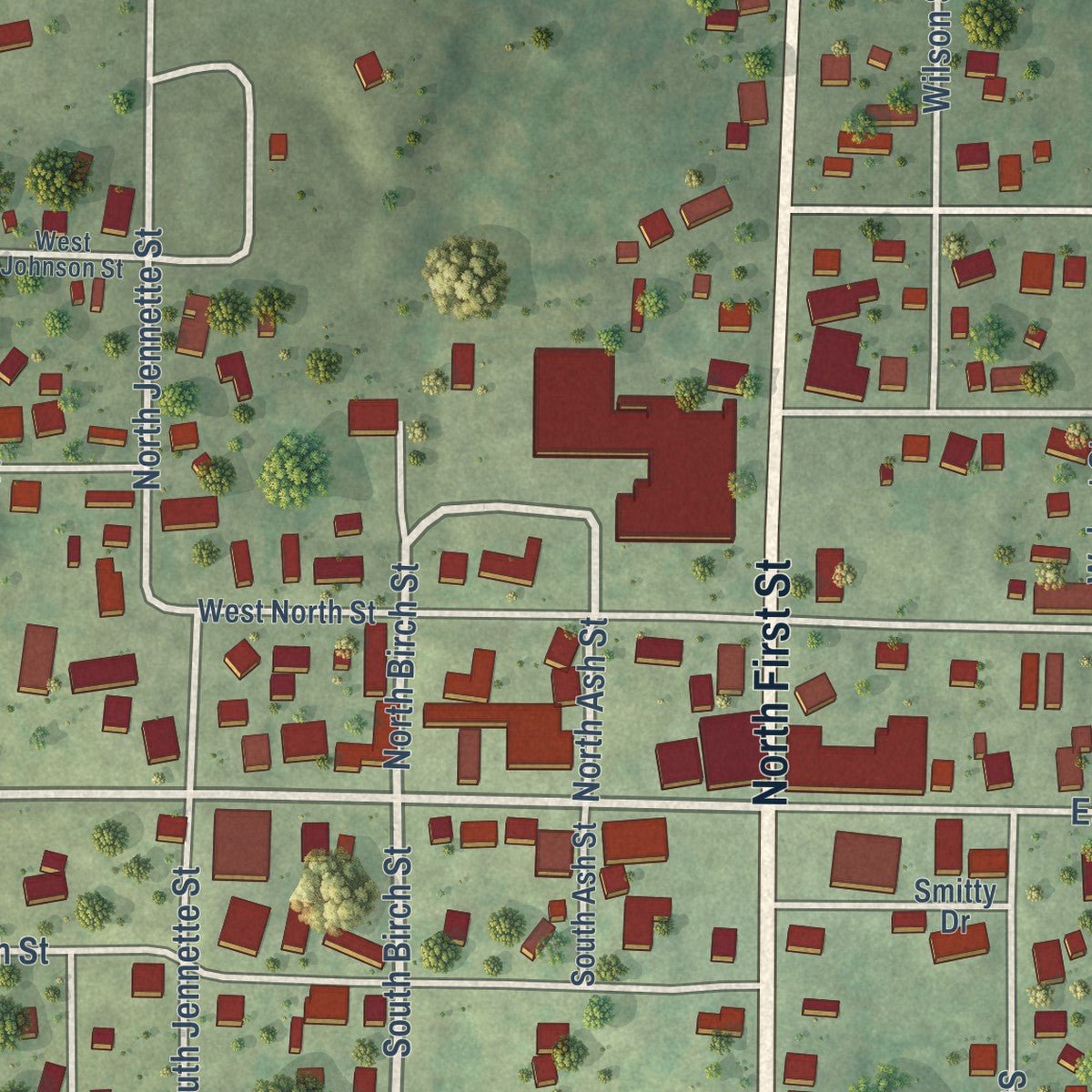 Close-up of the map of Enfield, Illinois print showing street and building detail