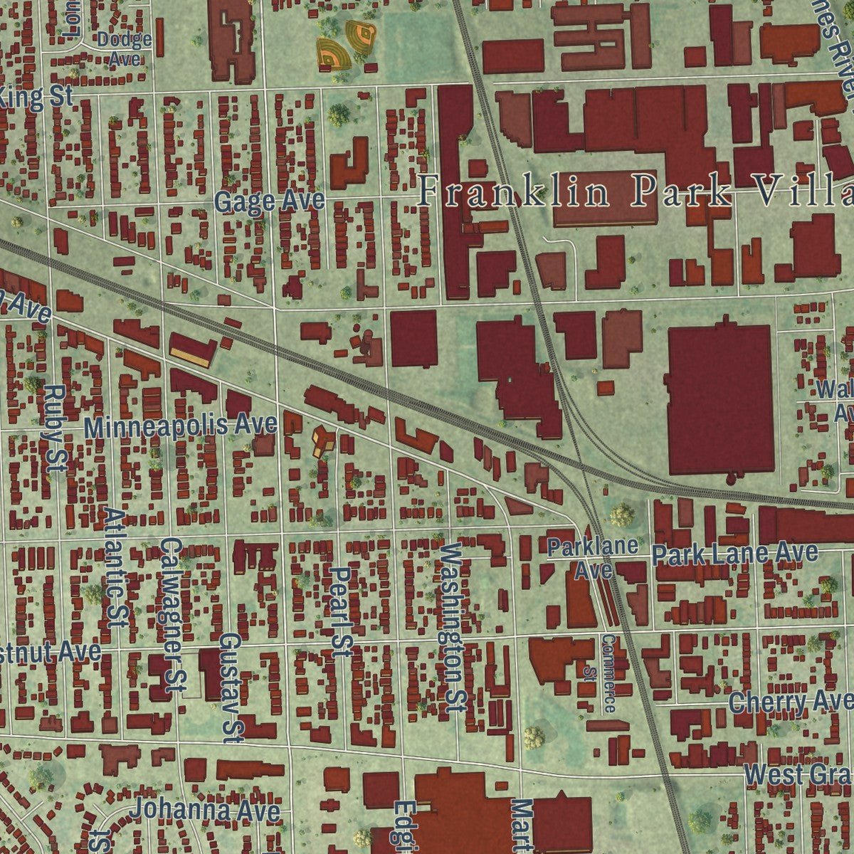 Close-up of the map of Franklin Park, Illinois print showing street and building detail