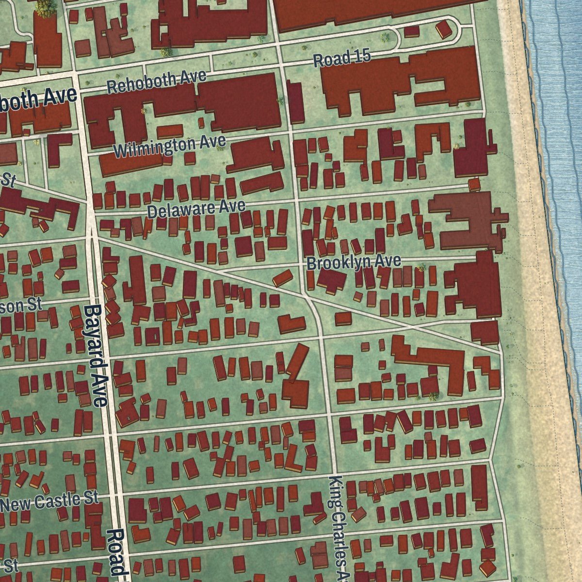 Close-up of the map of Rehoboth Beach, Delaware print showing street and building detail