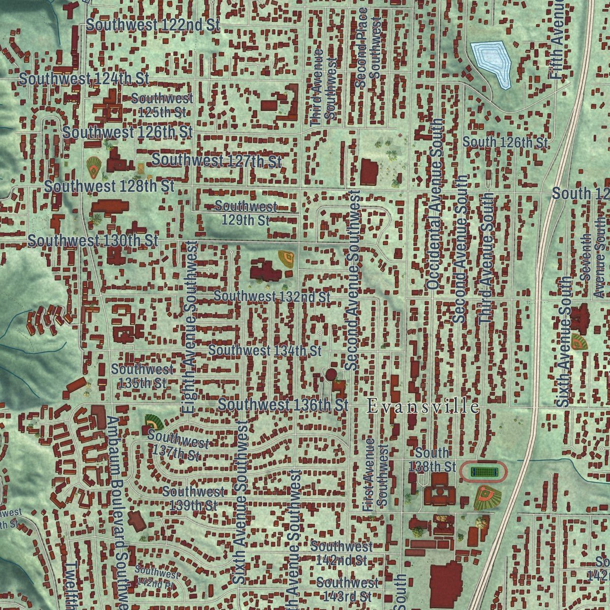 Close-up of the map of Burien, Washington print showing street and building detail