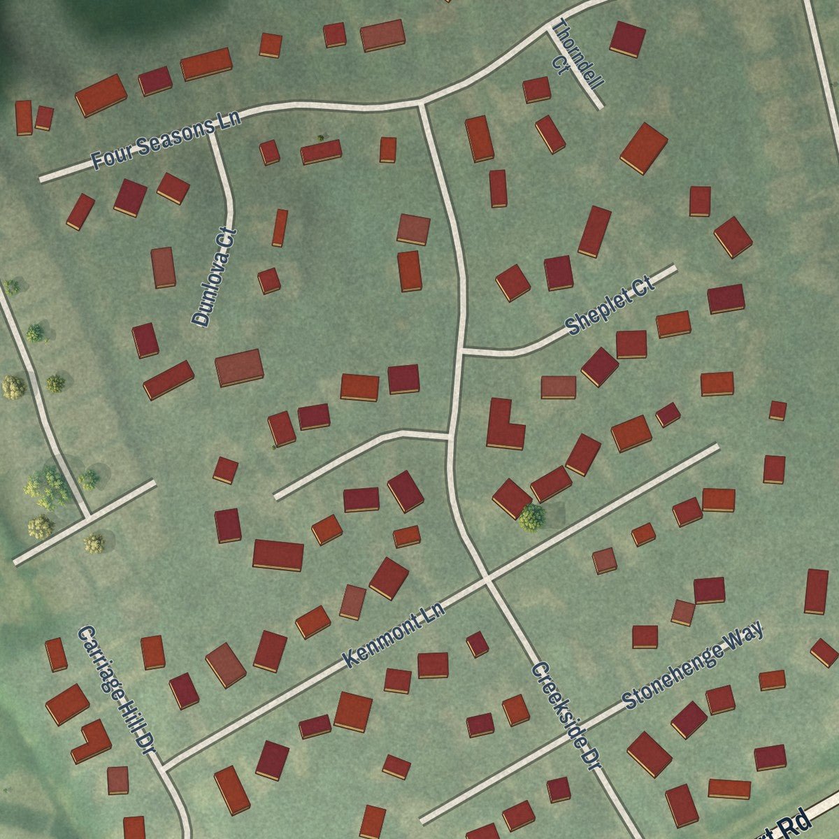 Close-up of the map of Creekside, Kentucky print showing street and building detail