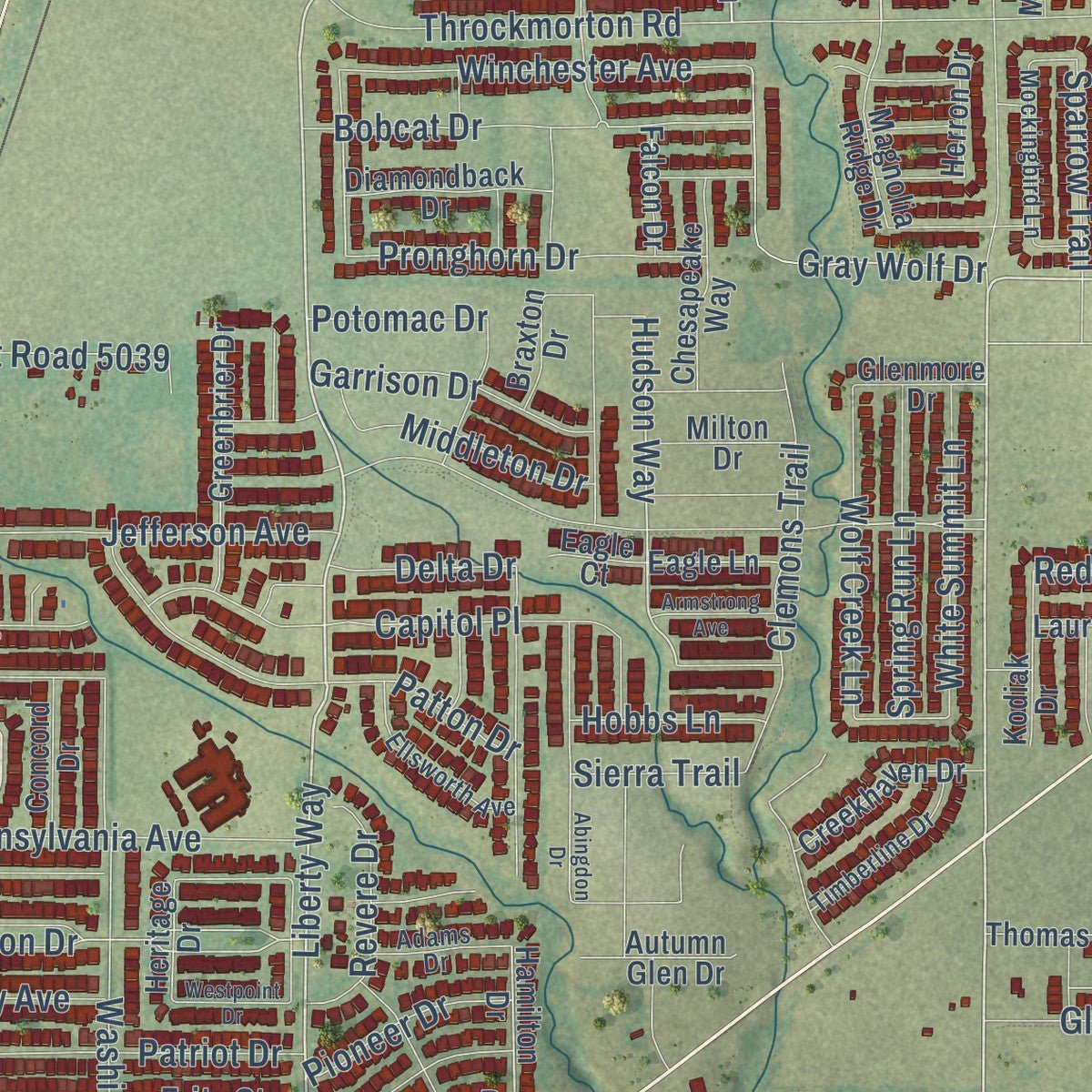 Close-up of the map of Melissa, Texas print showing street and building detail
