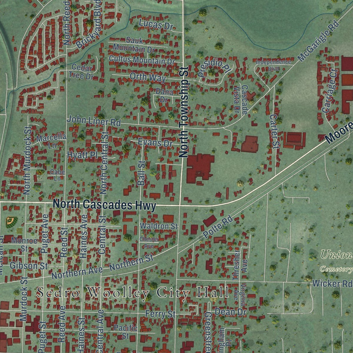 Close-up of the map of Sedro-Woolley, Washington print showing street and building detail