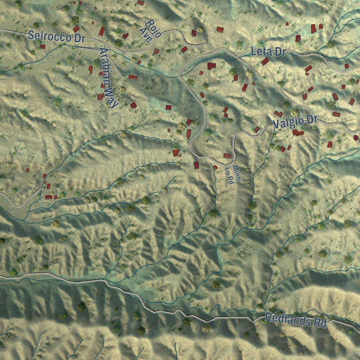 Close-up of the map of Calimesa, California print showing street and building detail