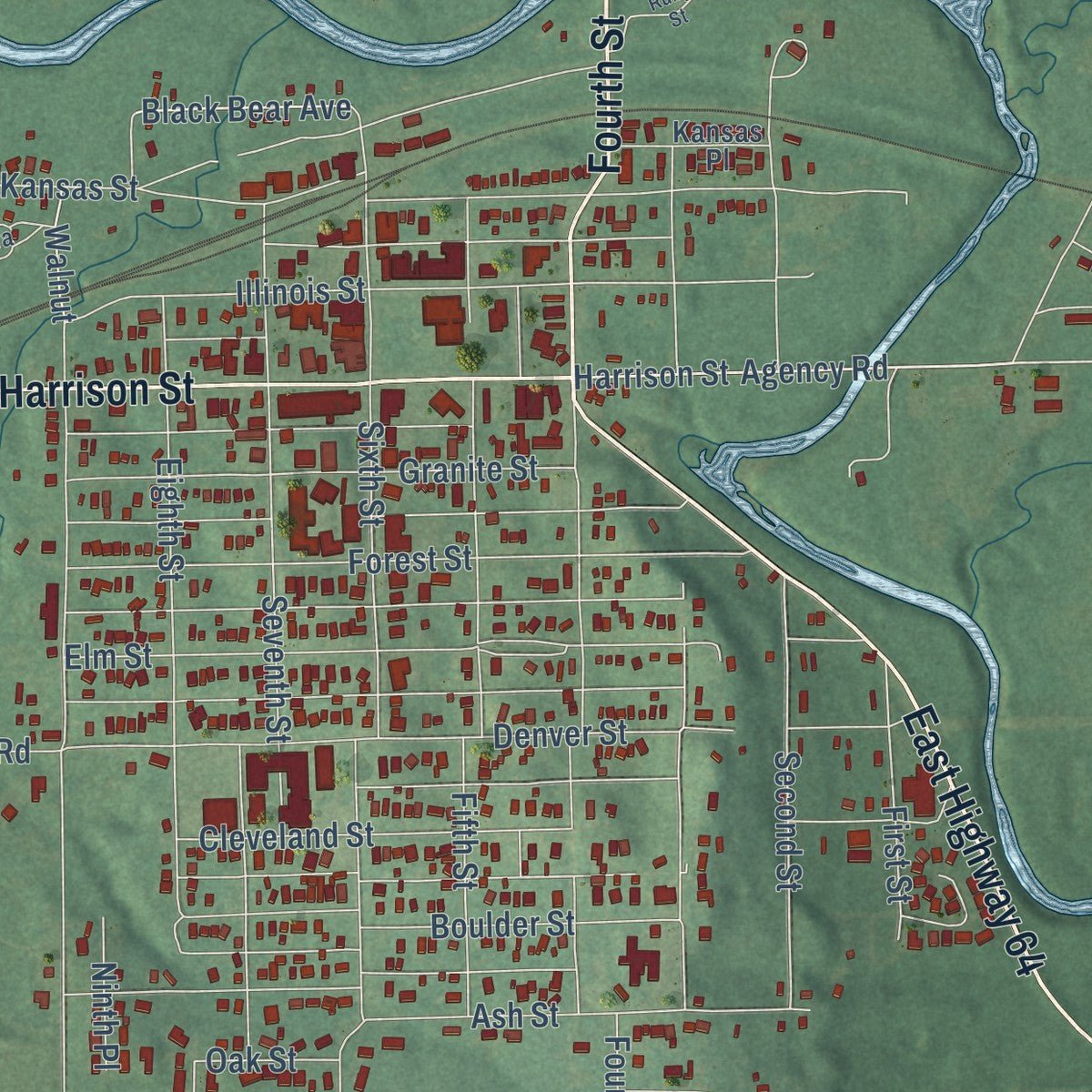 Close-up of the map of Pawnee, Oklahoma print showing street and building detail