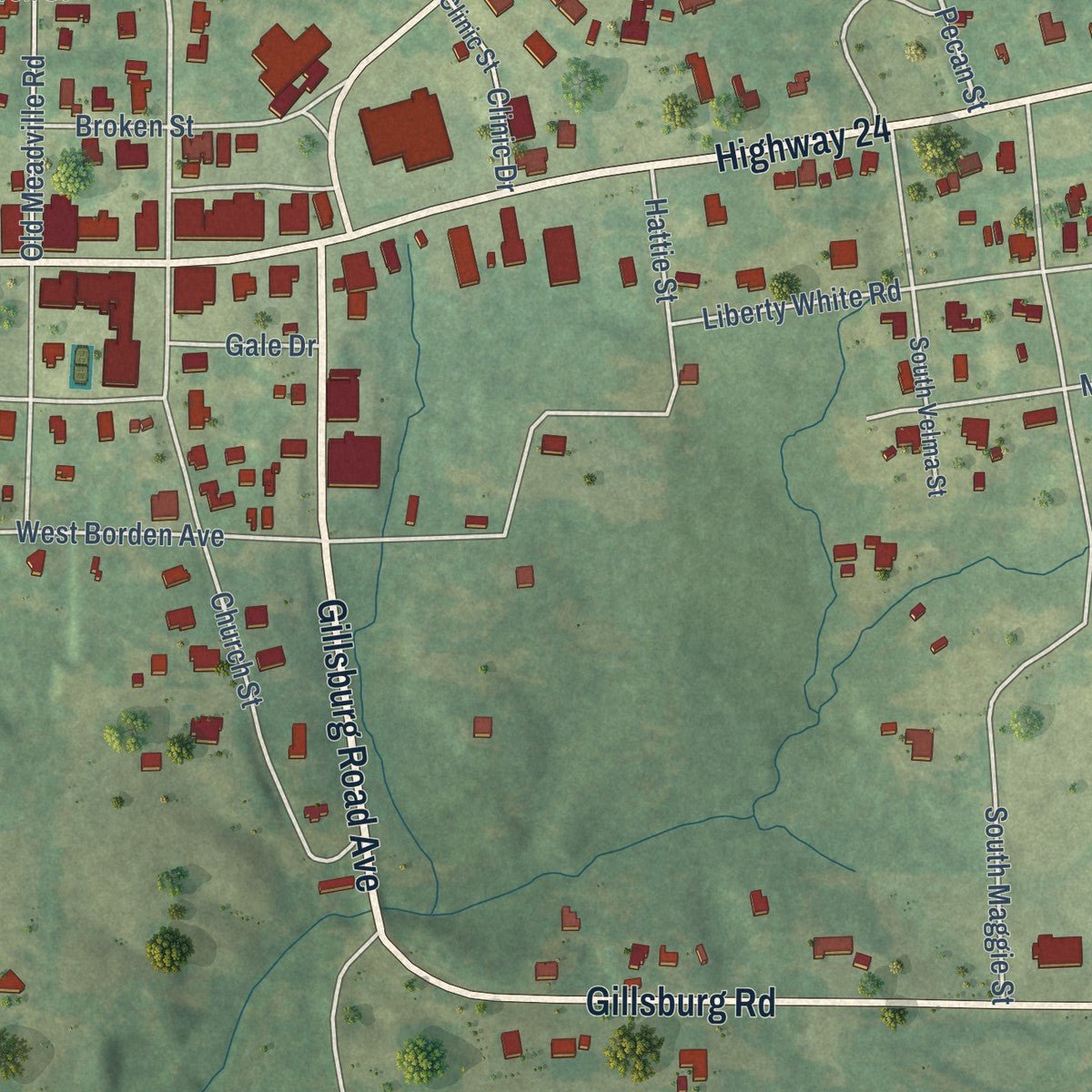 Close-up of the map of Liberty, Mississippi print showing street and building detail