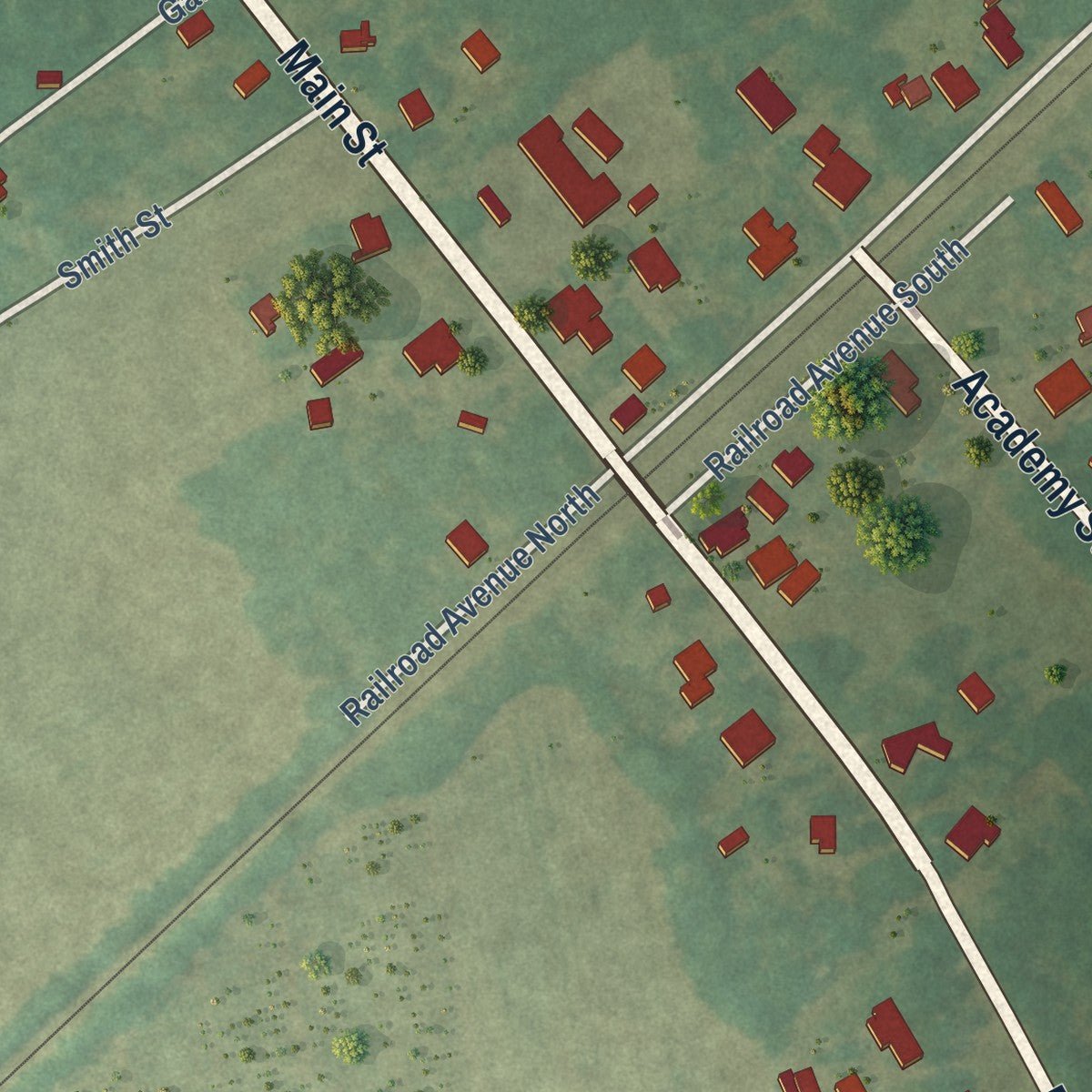 Close-up of the map of Monetta, South Carolina print showing street and building detail