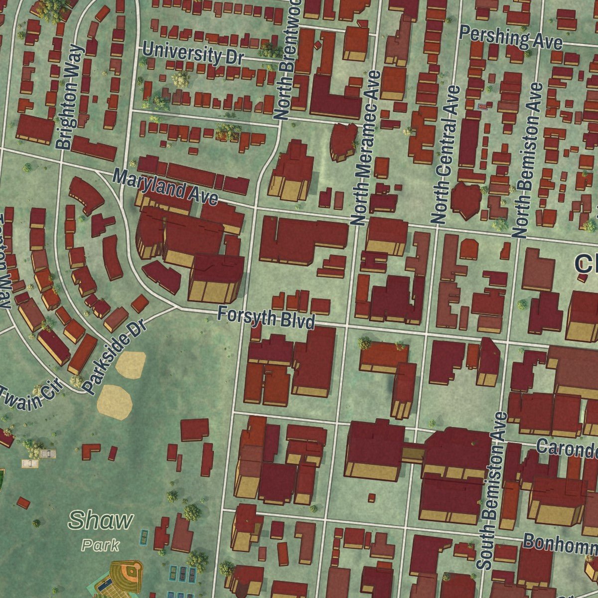 Close-up of the map of Clayton, Missouri print showing street and building detail