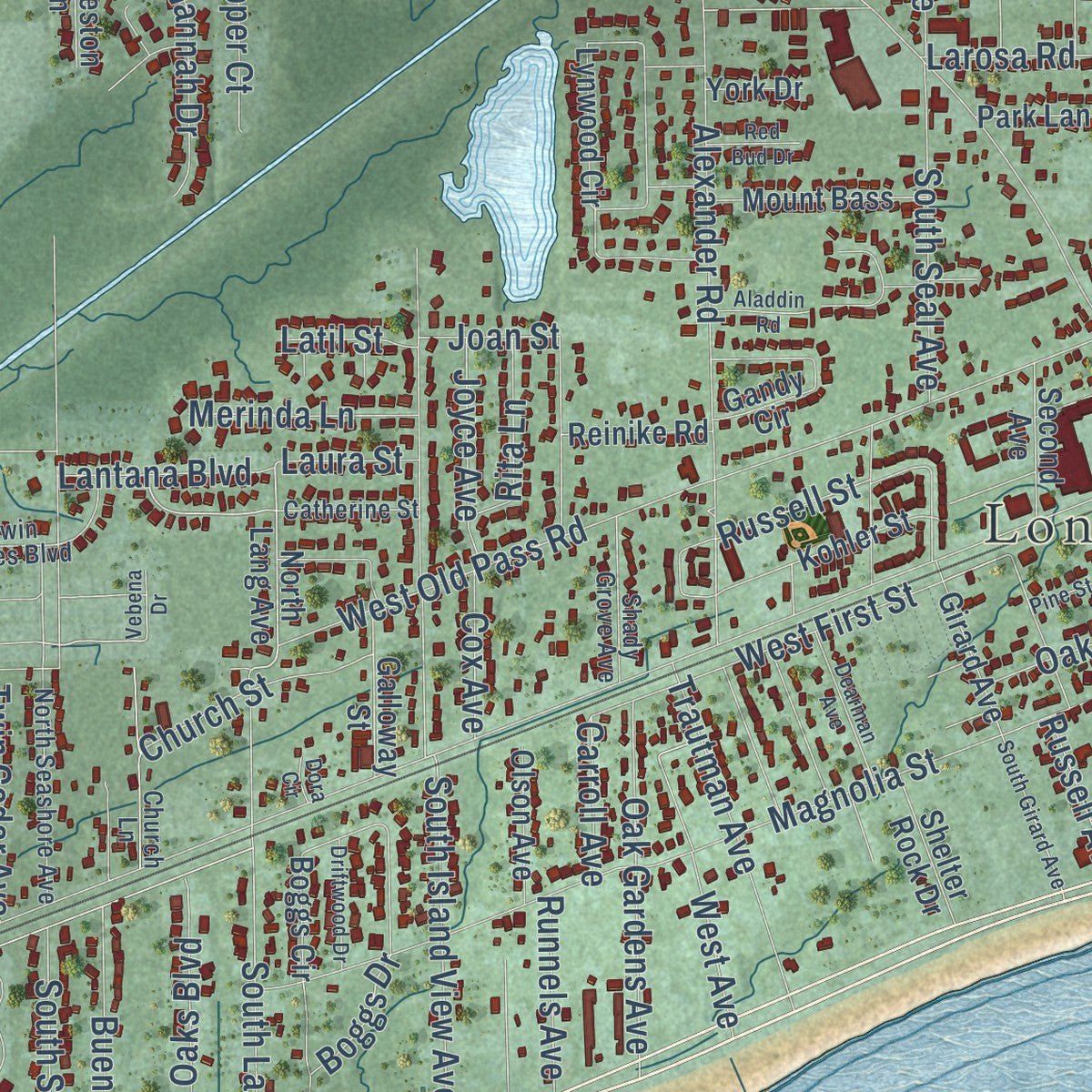 Close-up of the map of Long Beach, Mississippi print showing street and building detail