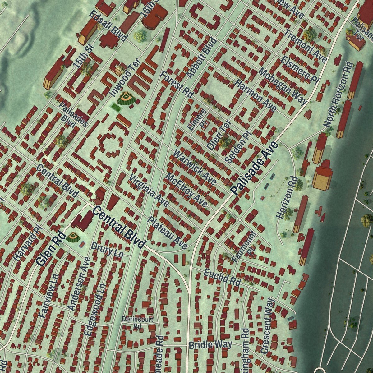 Close-up of the map of Fort Lee, New Jersey print showing street and building detail