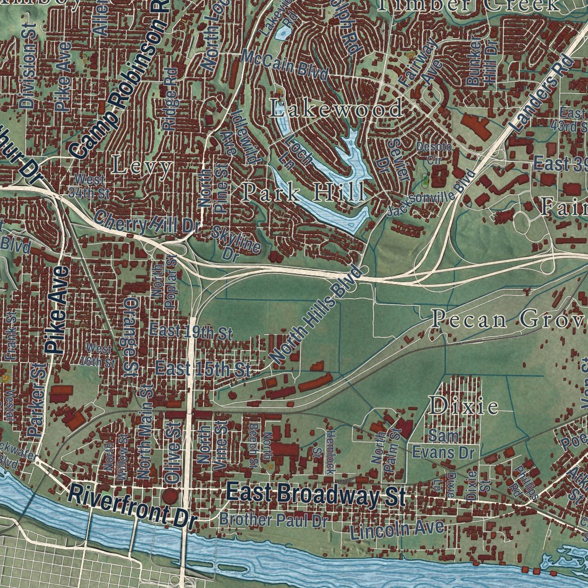 Close-up of the map of North Little Rock, Arkansas print showing street and building detail