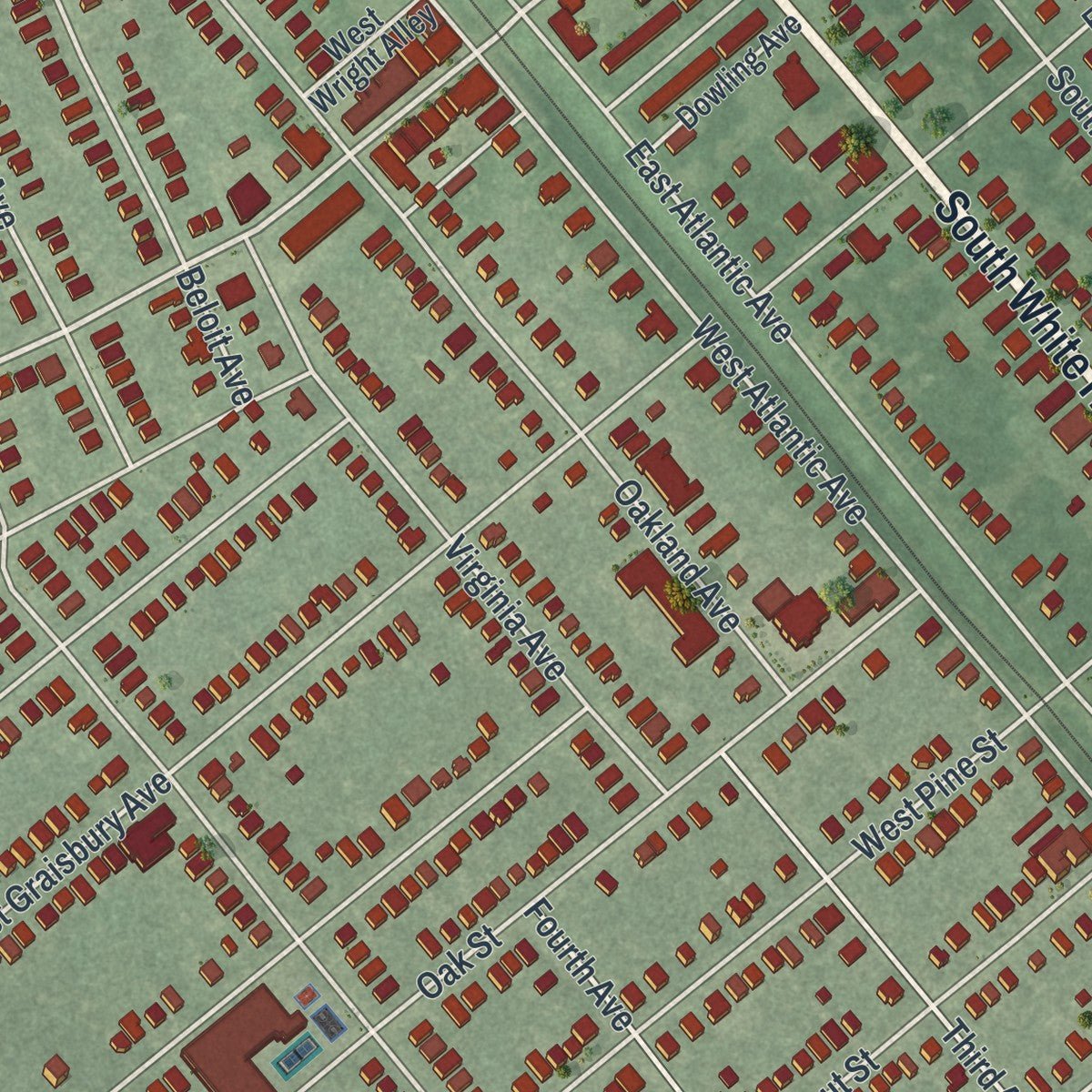 Close-up of the map of Audubon, New Jersey print showing street and building detail