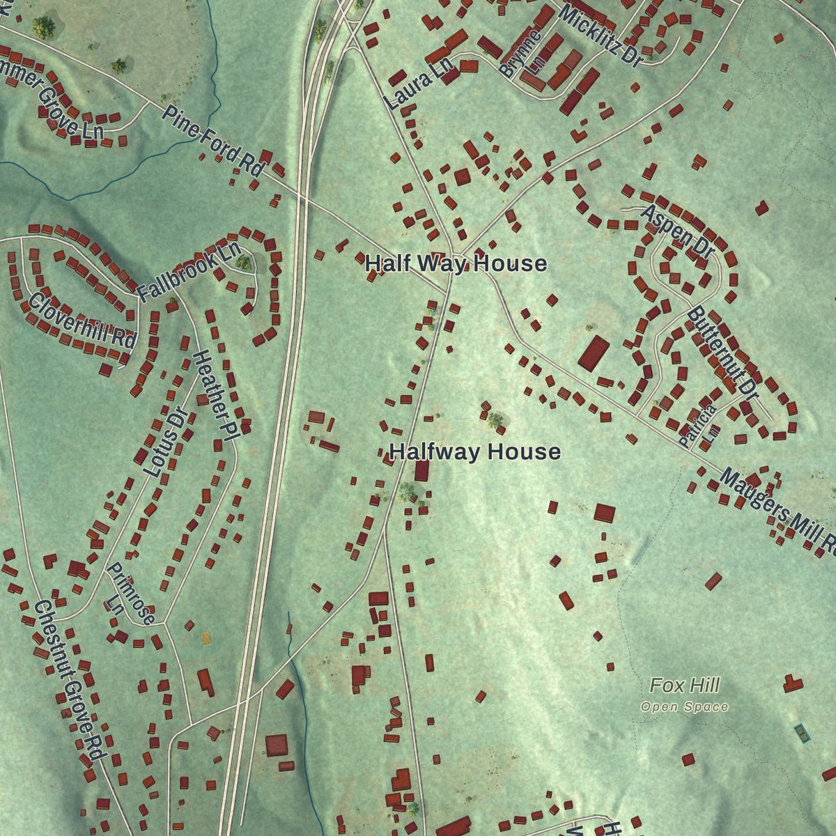 Close-up of the map of Upper Pottsgrove, Pennsylvania print showing street and building detail