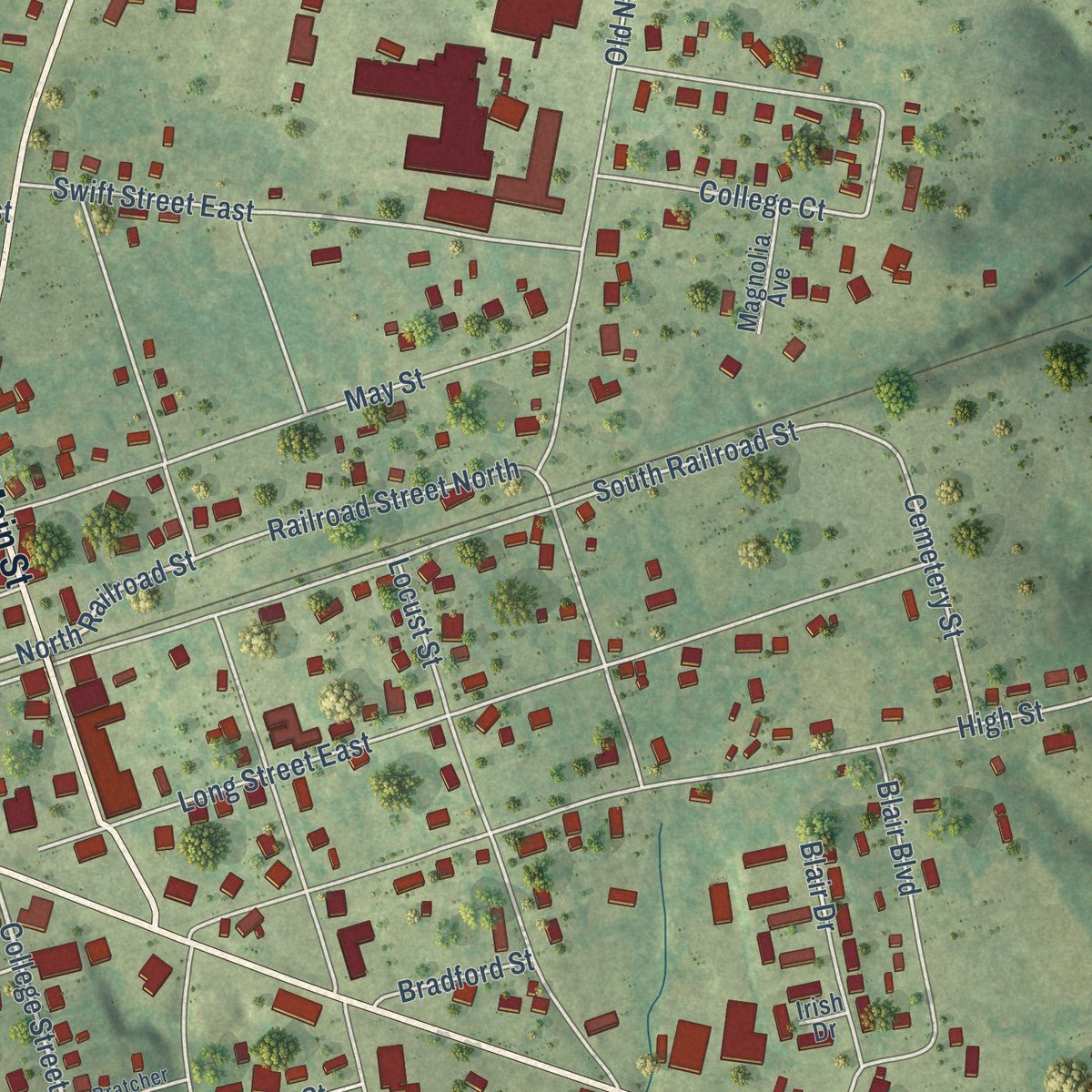 Close-up of the map of McEwen, Tennessee print showing street and building detail
