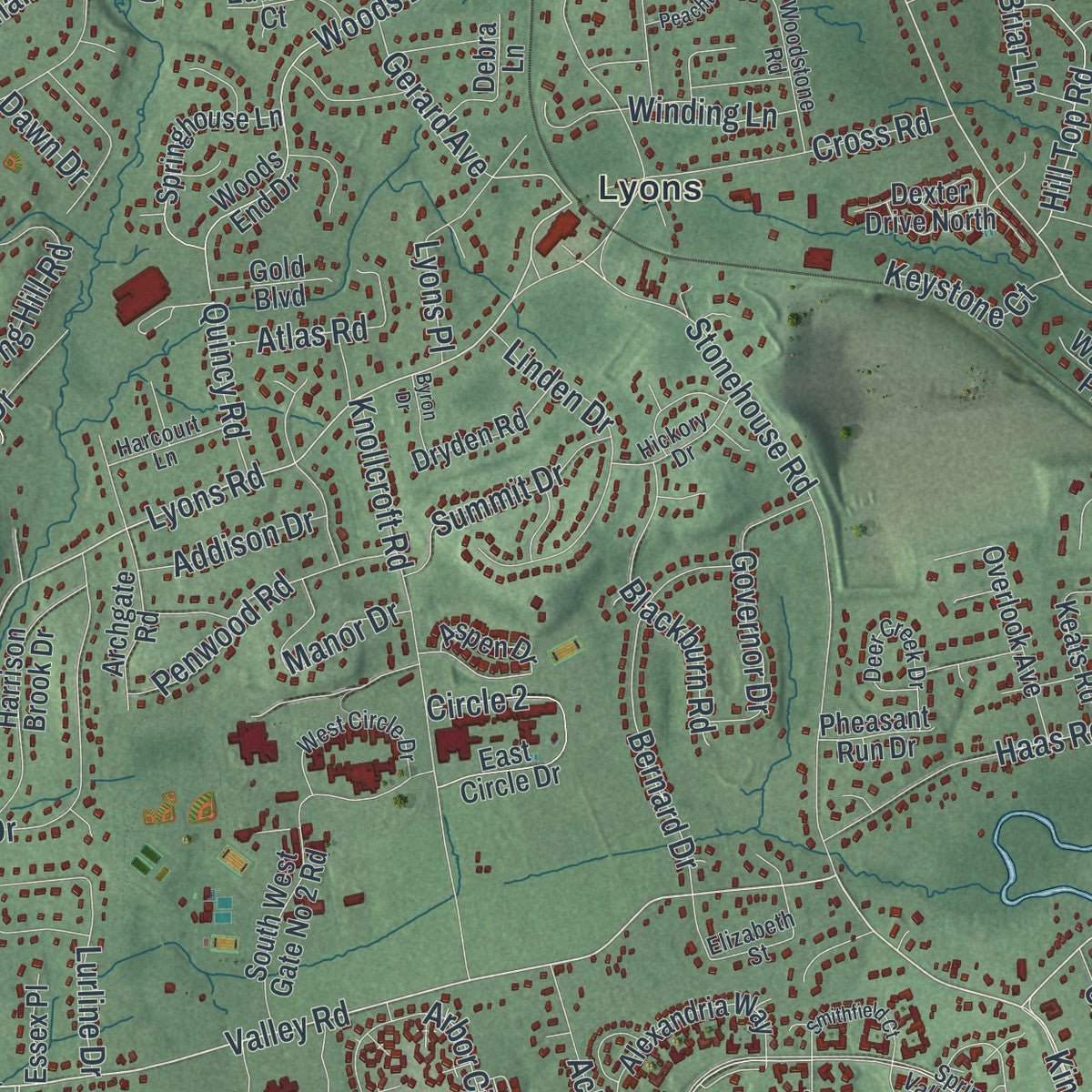 Close-up of the map of Bernards, New Jersey print showing street and building detail