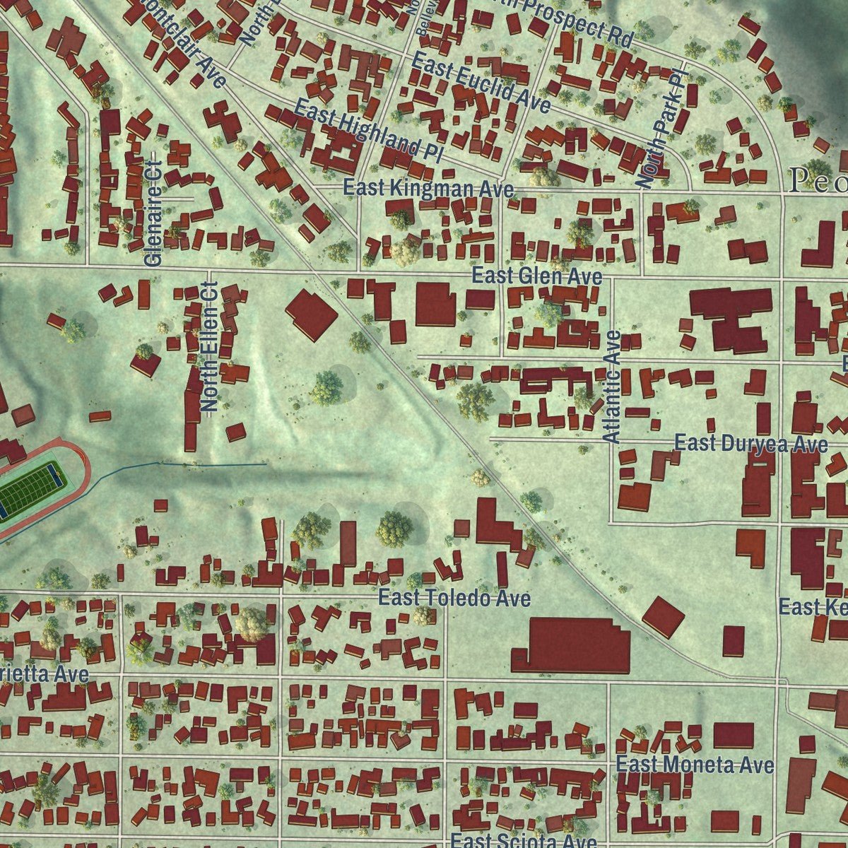 Close-up of the map of Peoria Heights, Illinois print showing street and building detail
