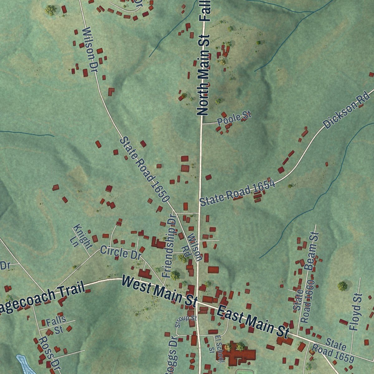 Close-up of the map of Fallston, North Carolina print showing street and building detail