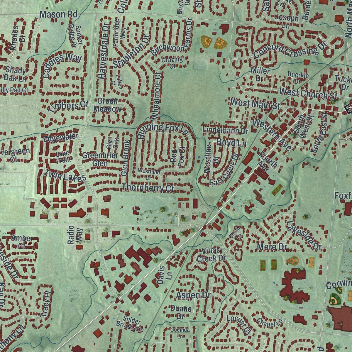 Close-up of the map of Mason, Ohio print showing street and building detail