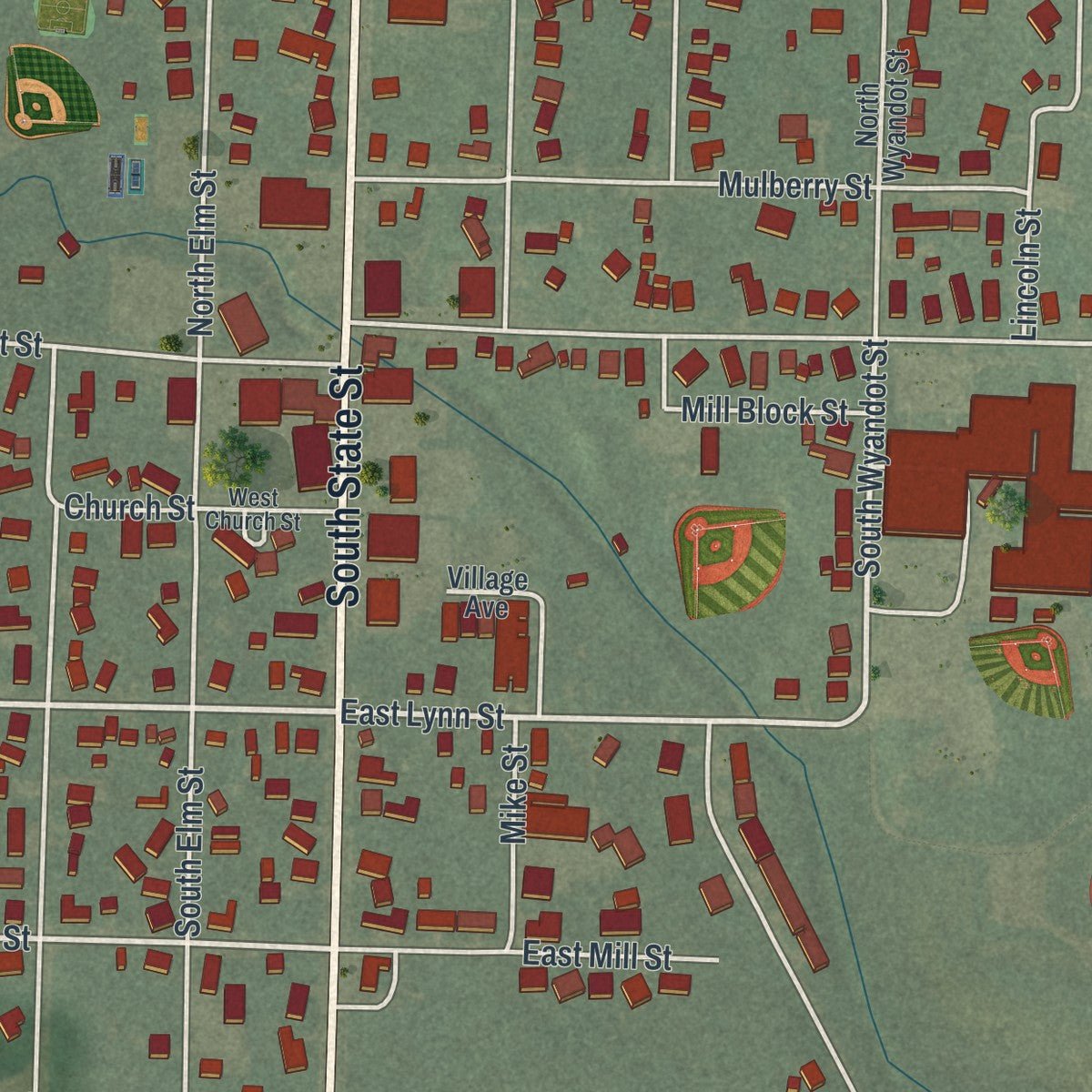 Close-up of the map of Pioneer, Ohio print showing street and building detail