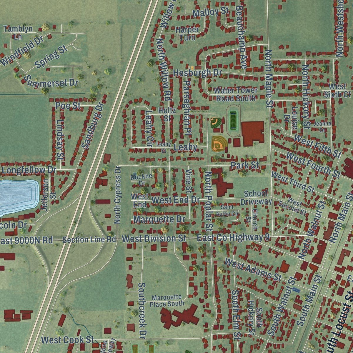 Close-up of the map of Manteno, Illinois print showing street and building detail