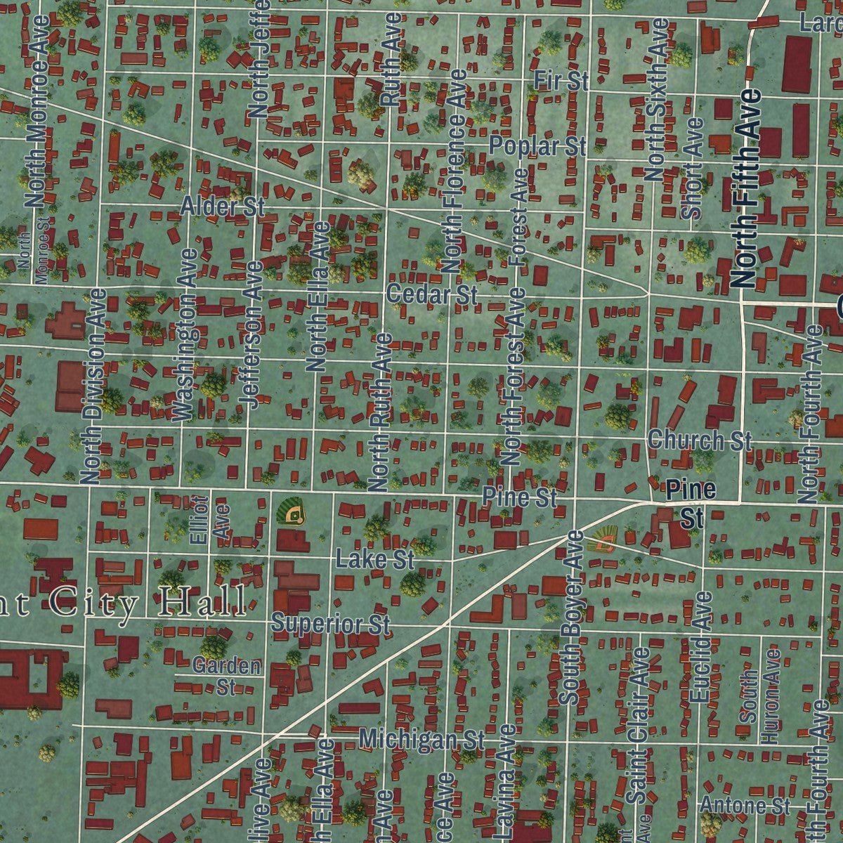 Close-up of the map of Sandpoint, Idaho print showing street and building detail