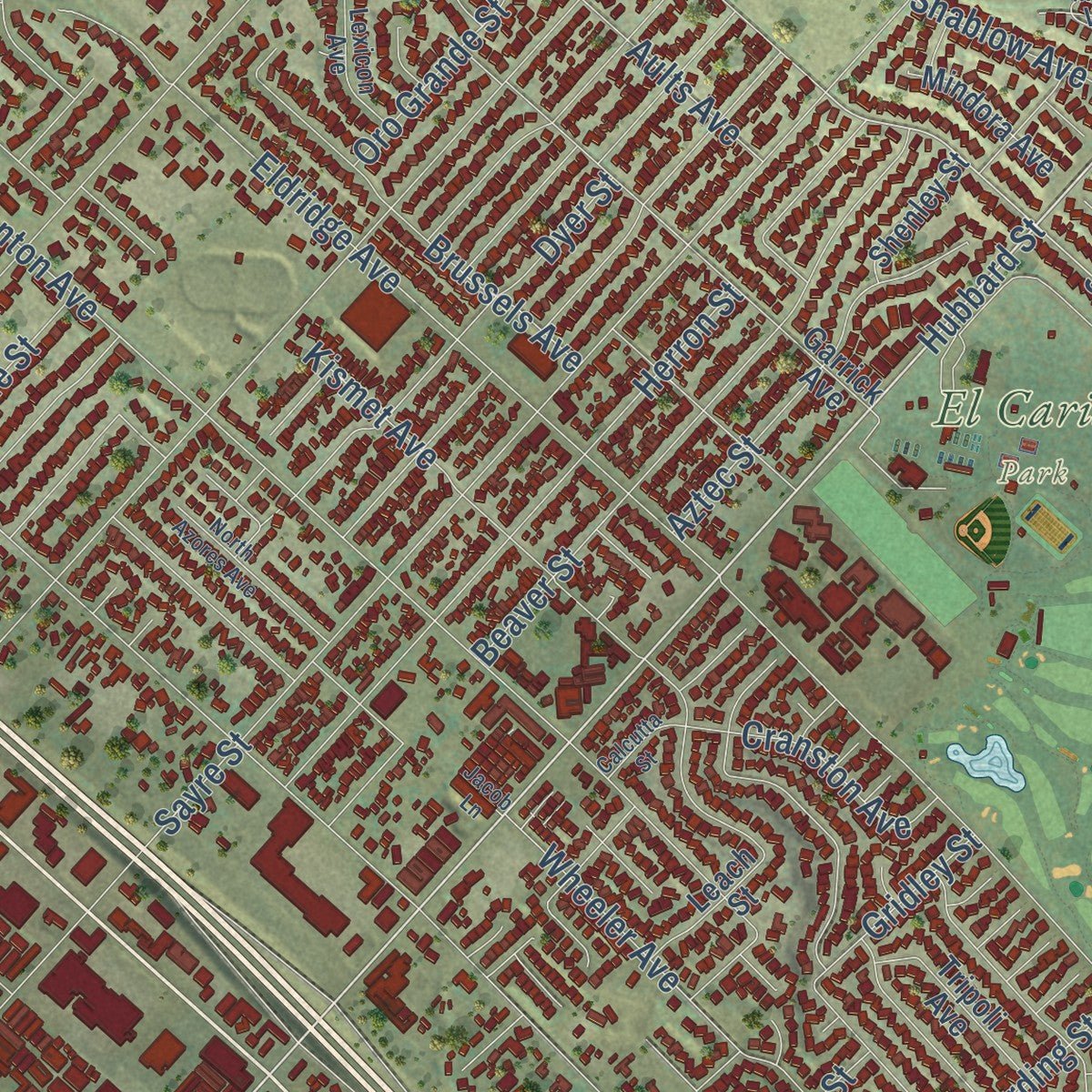 Close-up of the map of Sylmar, California print showing street and building detail