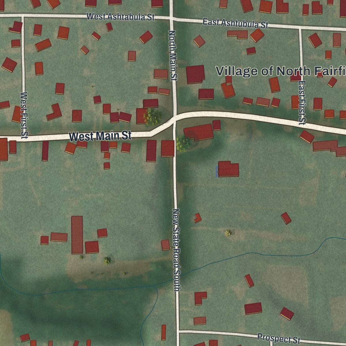 Close-up of the map of North Fairfield, Ohio print showing street and building detail