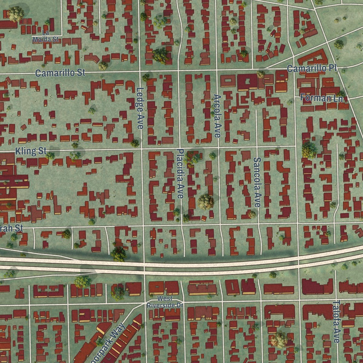 Close-up of the map of Toluca Lake, California print showing street and building detail