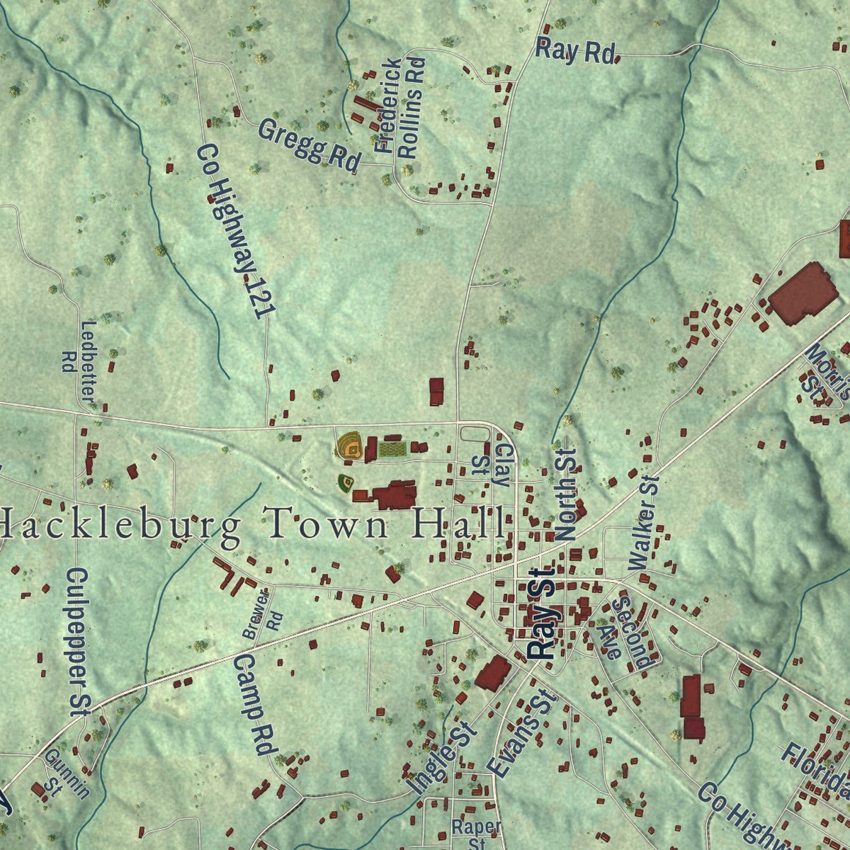 Close-up of the map of Hackleburg, Alabama print showing street and building detail