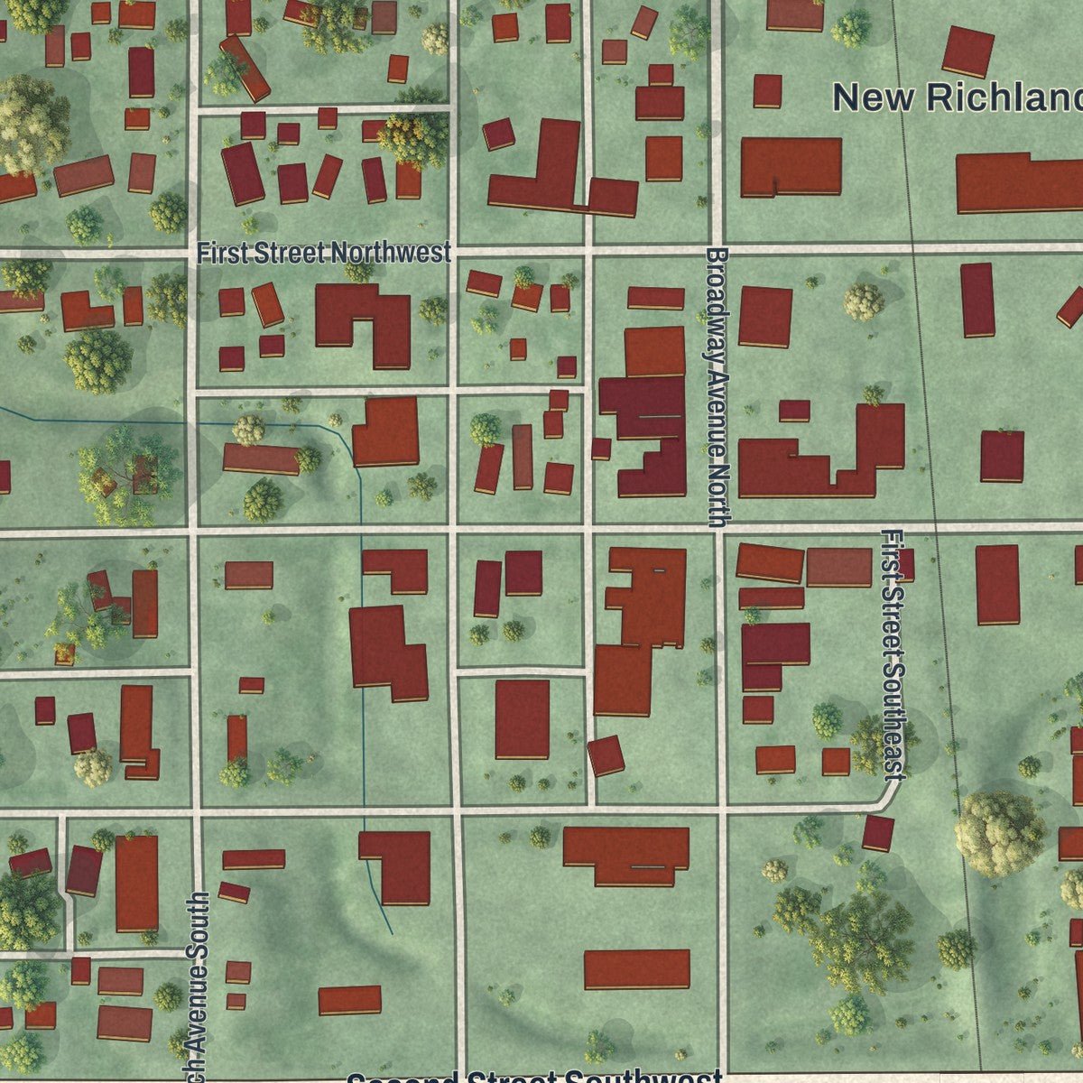 Close-up of the map of New Richland, Minnesota print showing street and building detail