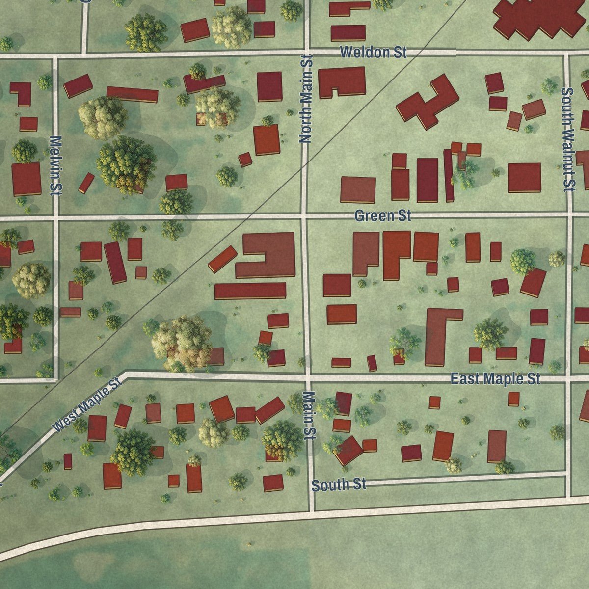 Close-up of the map of Roberts, Illinois print showing street and building detail