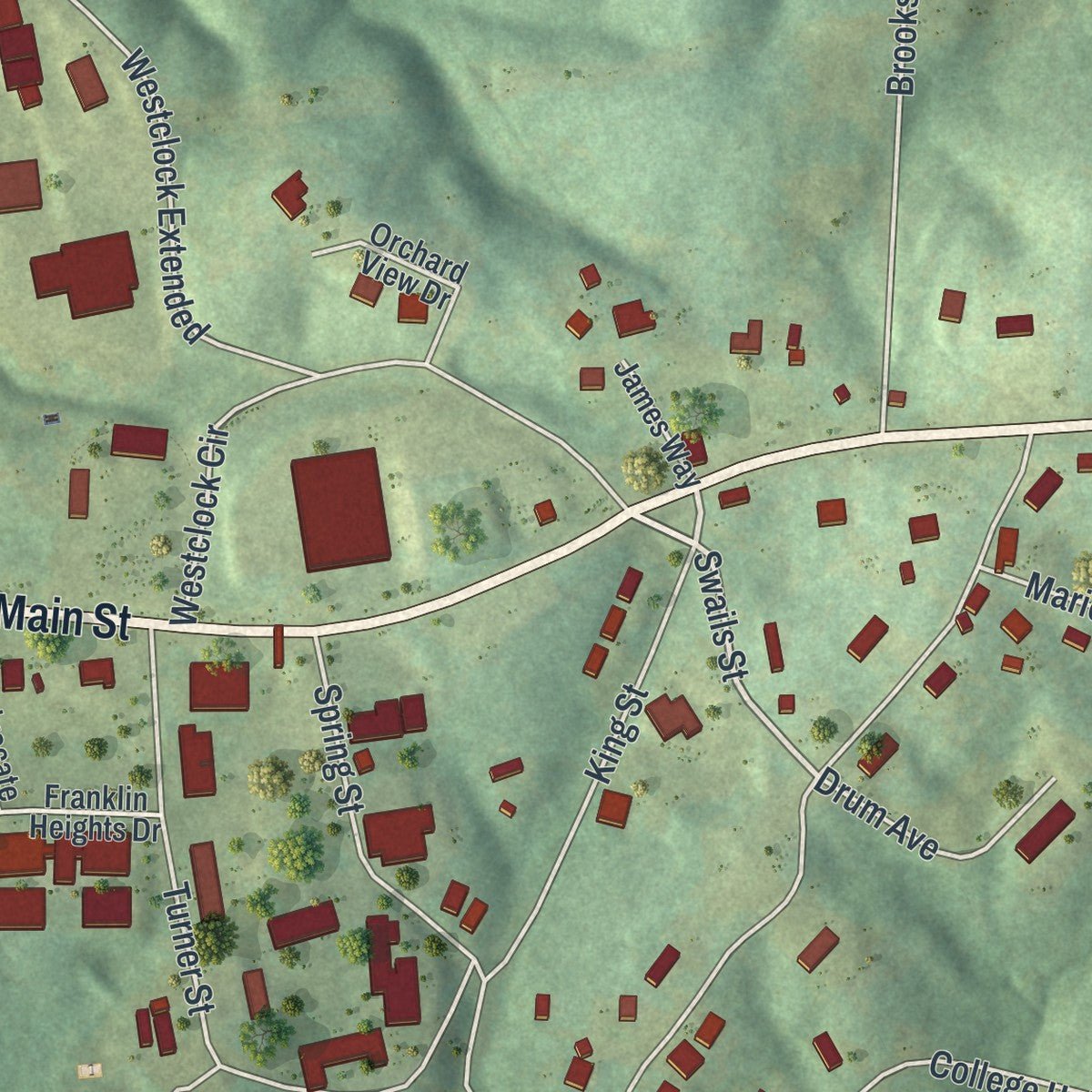 Close-up of the map of Franklin Springs, Georgia print showing street and building detail