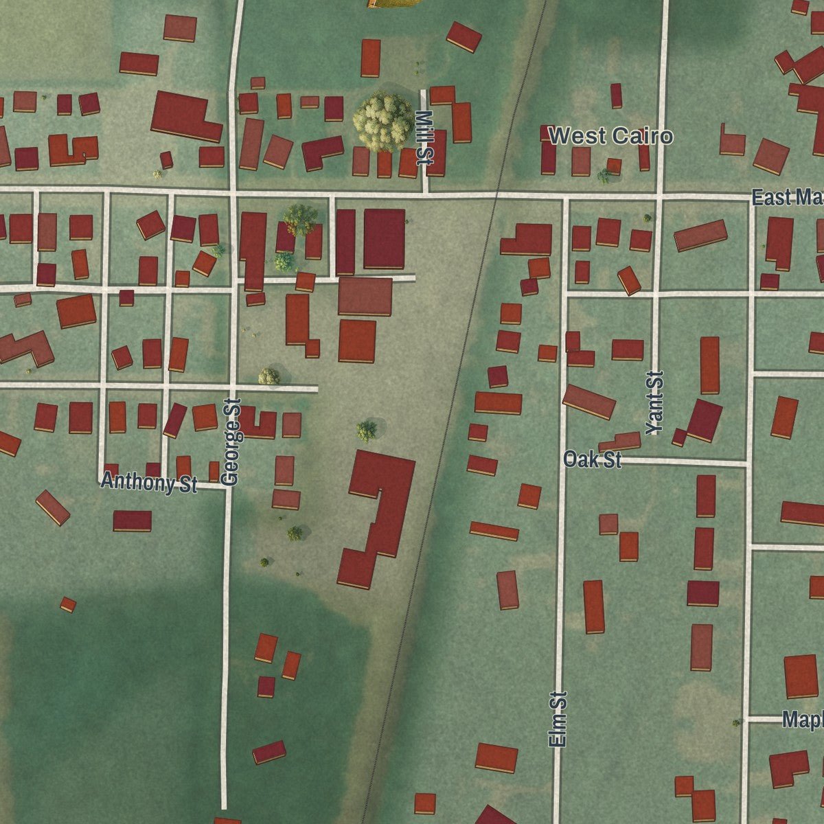 Close-up of the map of Cairo, Ohio print showing street and building detail