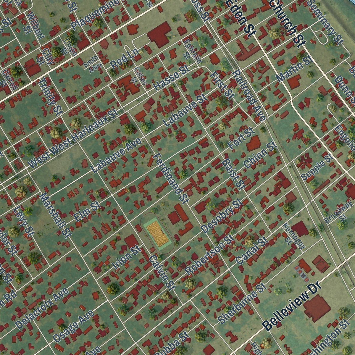 Close-up of the map of Plaquemine, Louisiana print showing street and building detail