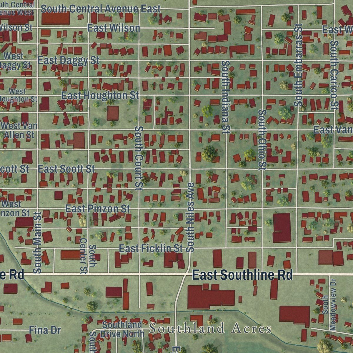 Close-up of the map of Tuscola, Illinois print showing street and building detail