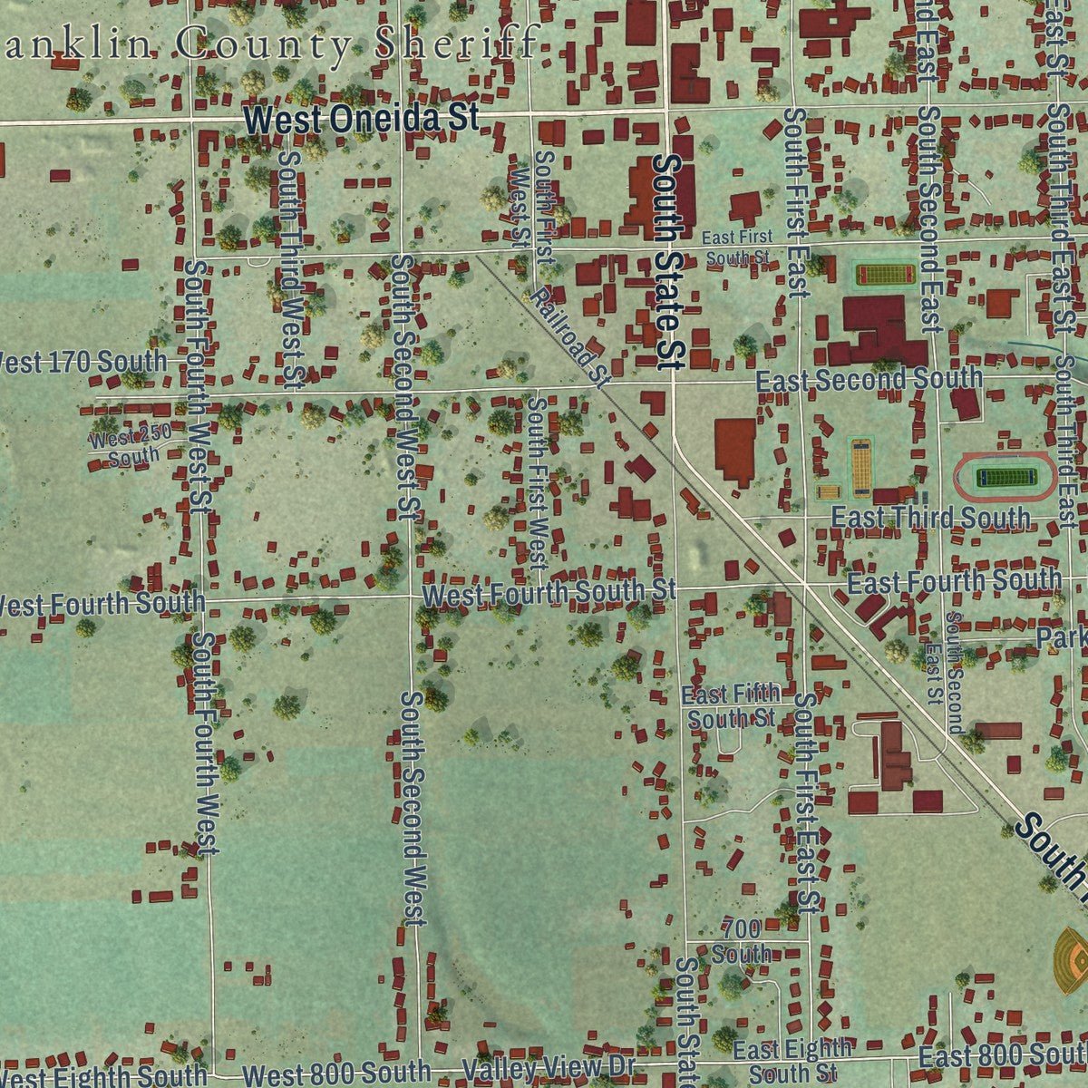 Close-up of the map of Preston, Idaho print showing street and building detail