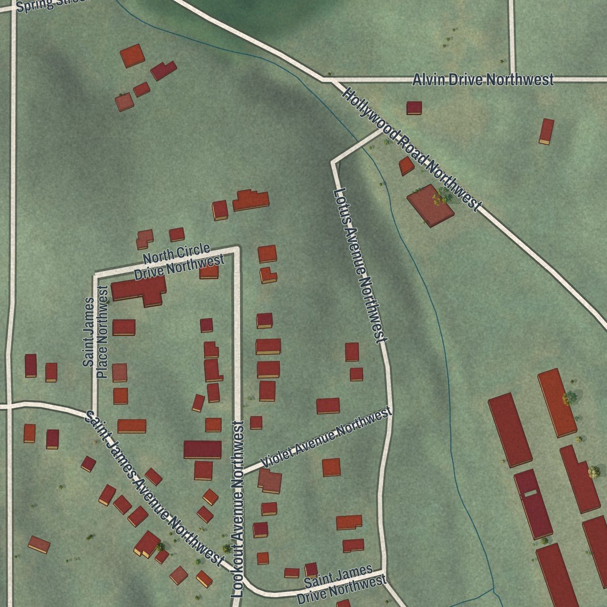 Close-up of the map of Almond Park, Georgia print showing street and building detail