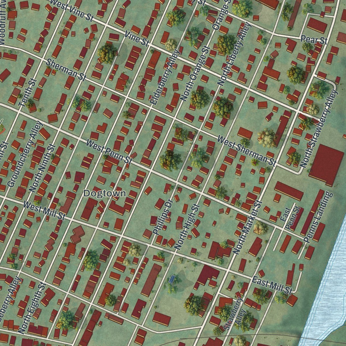 Close-up of the map of Selinsgrove, Pennsylvania print showing street and building detail